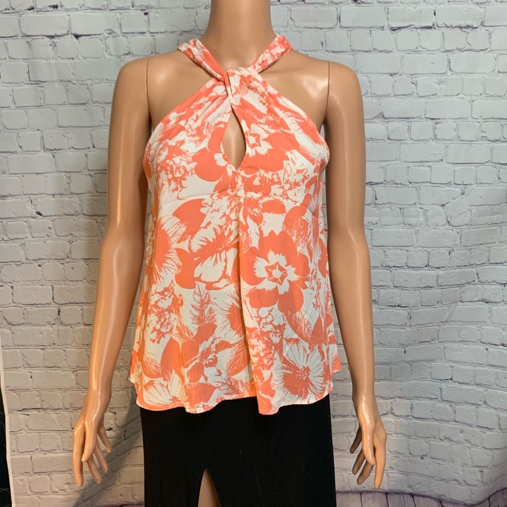 The Impeccable Pig Coral & white summer sleeveless floral top size XS